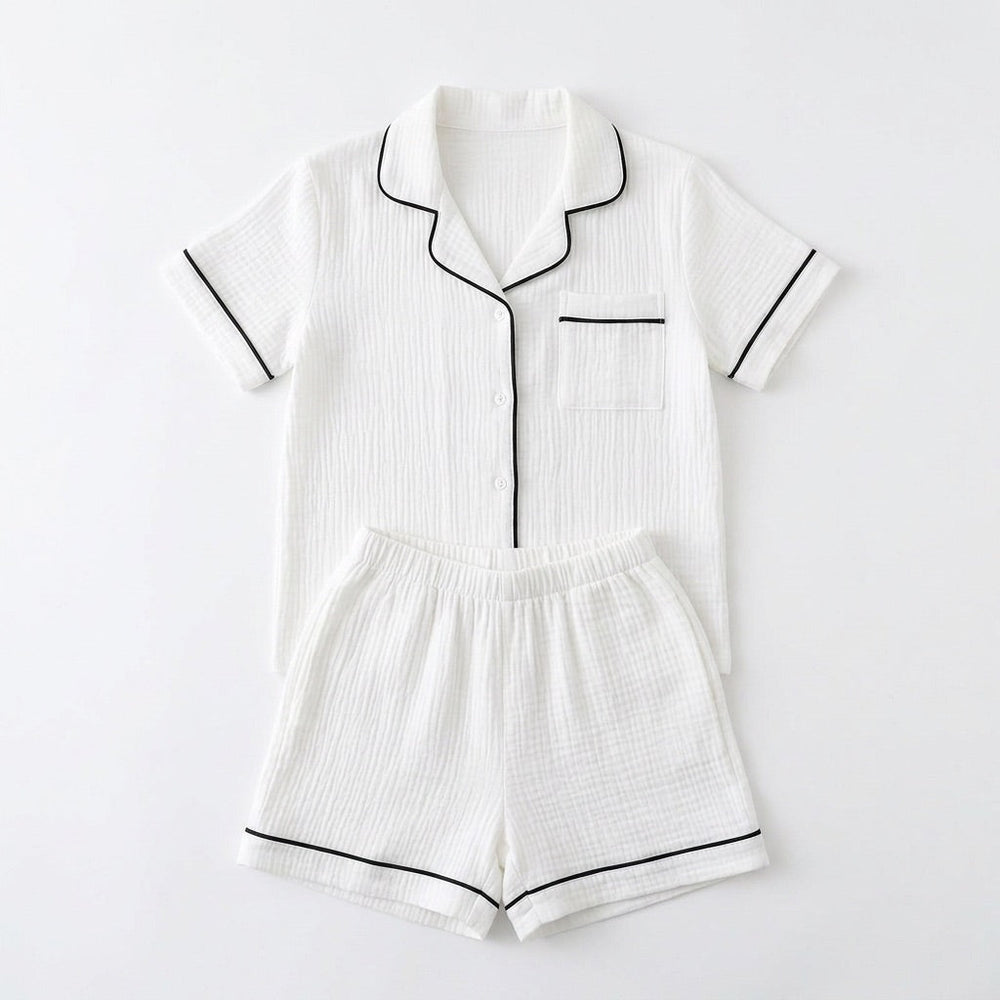 Women's muslin pajama set, short sleeve top and shorts - shown flat