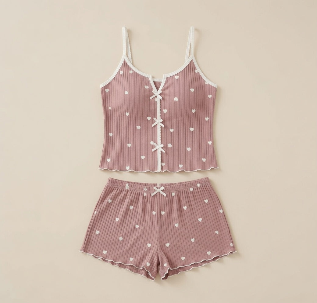 Heart Ribbed Cami Shorts Set