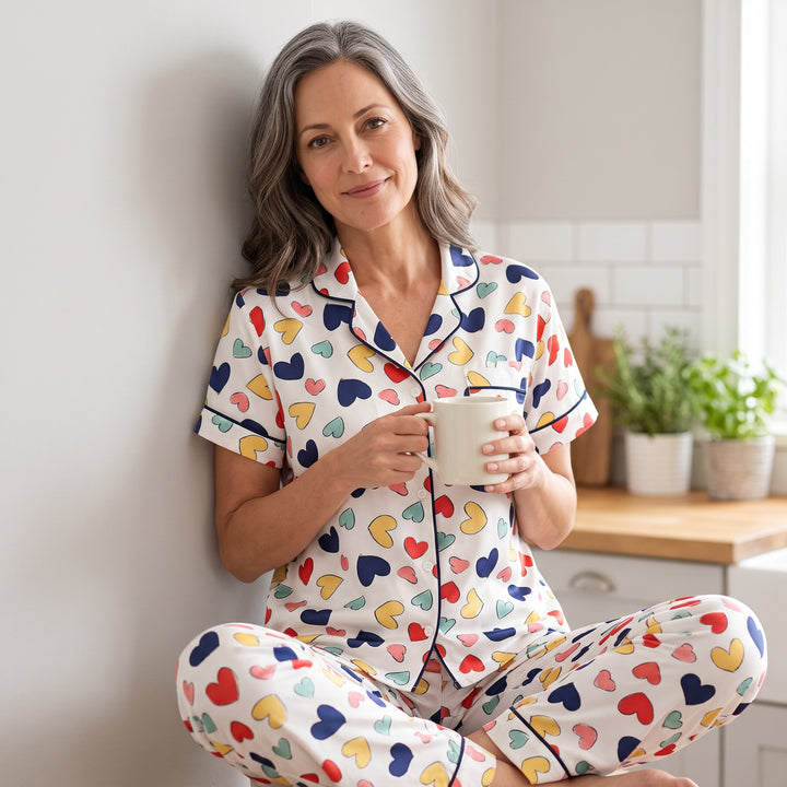 Heart Print Pajama Set - Short Sleeve