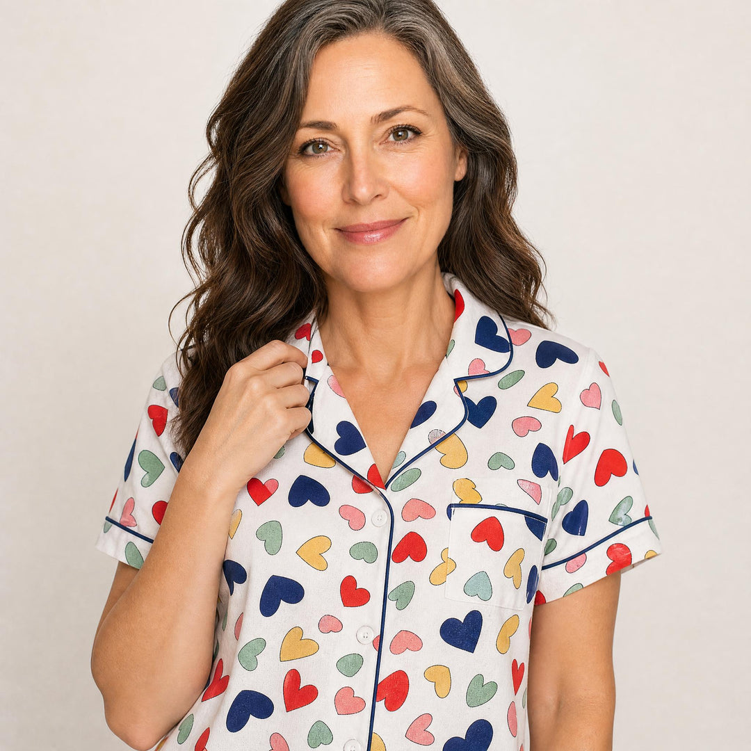 Heart Print Pajama Set - Short Sleeve