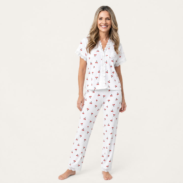 Cherry Print Pajama Set - Lace Trim