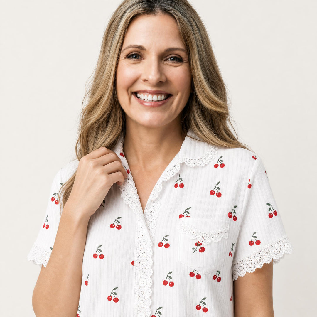 Cherry Print Pajama Set - Lace Trim