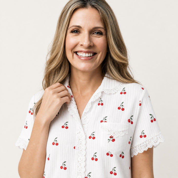 Cherry Print Pajama Set - Lace Trim