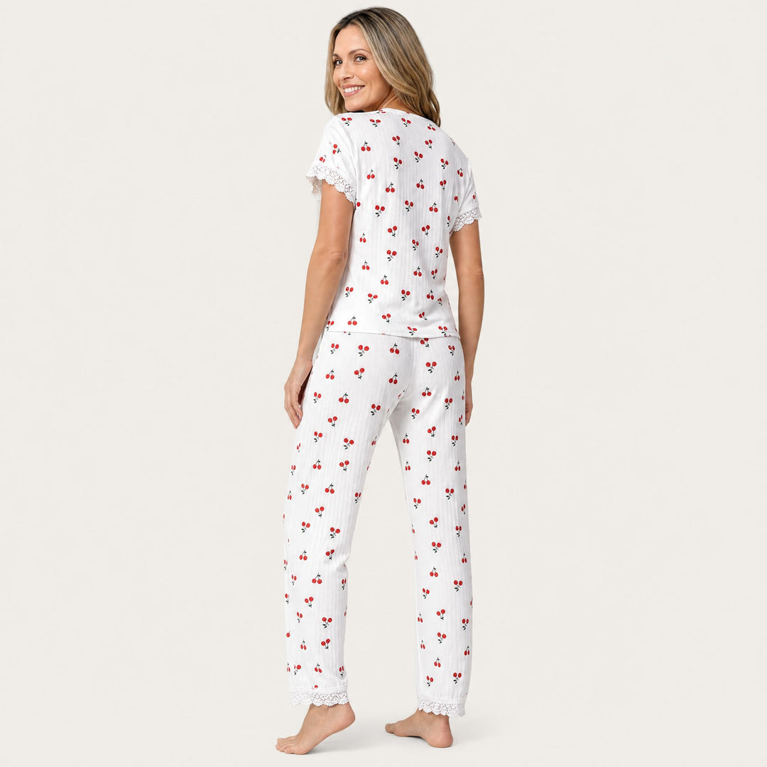 Cherry Print Pajama Set - Lace Trim