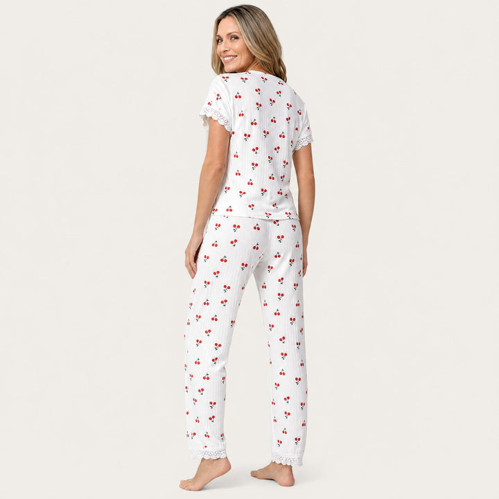 Cherry Print Pajama Set - Lace Trim