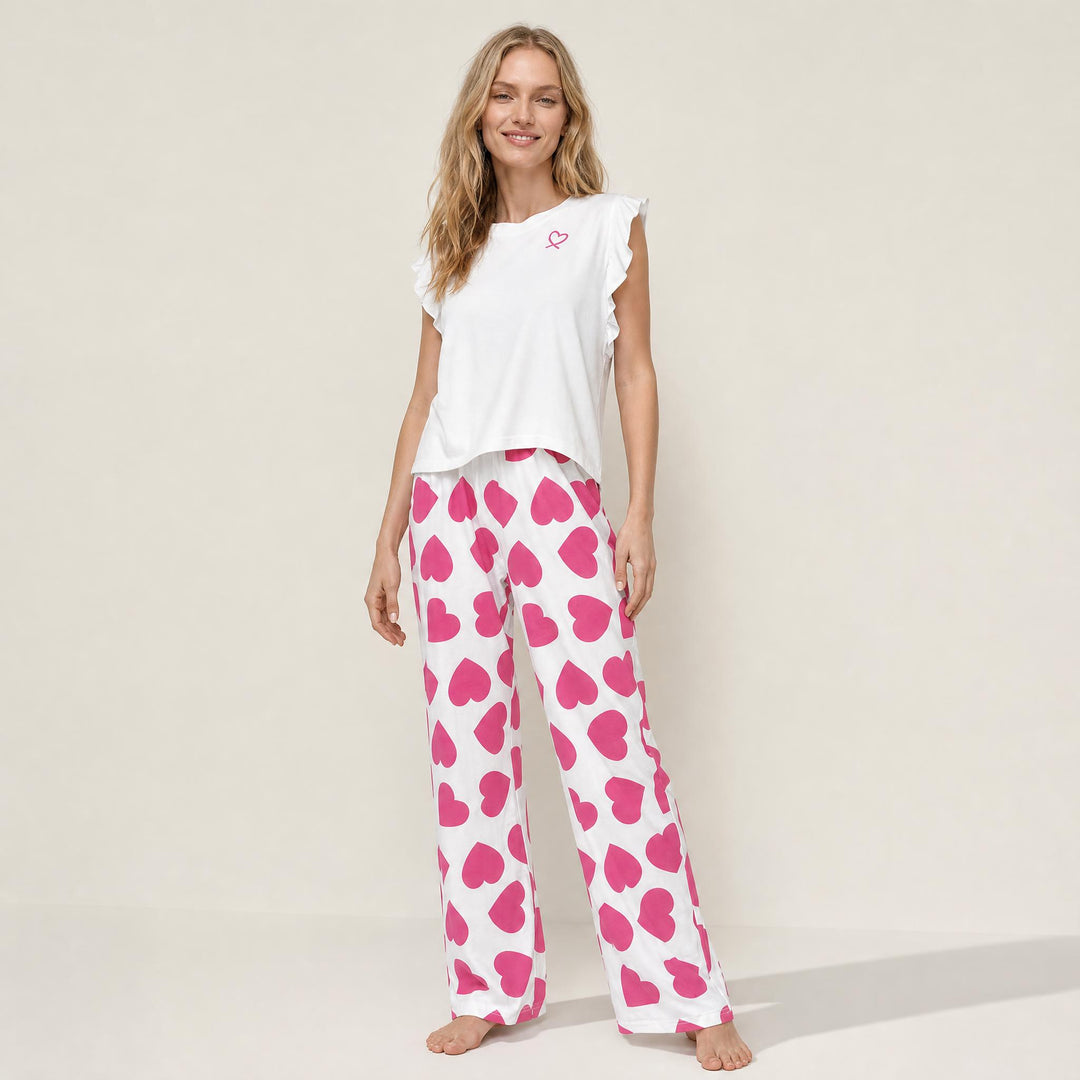Heart Print Pajama Set - Ruffle Sleeve