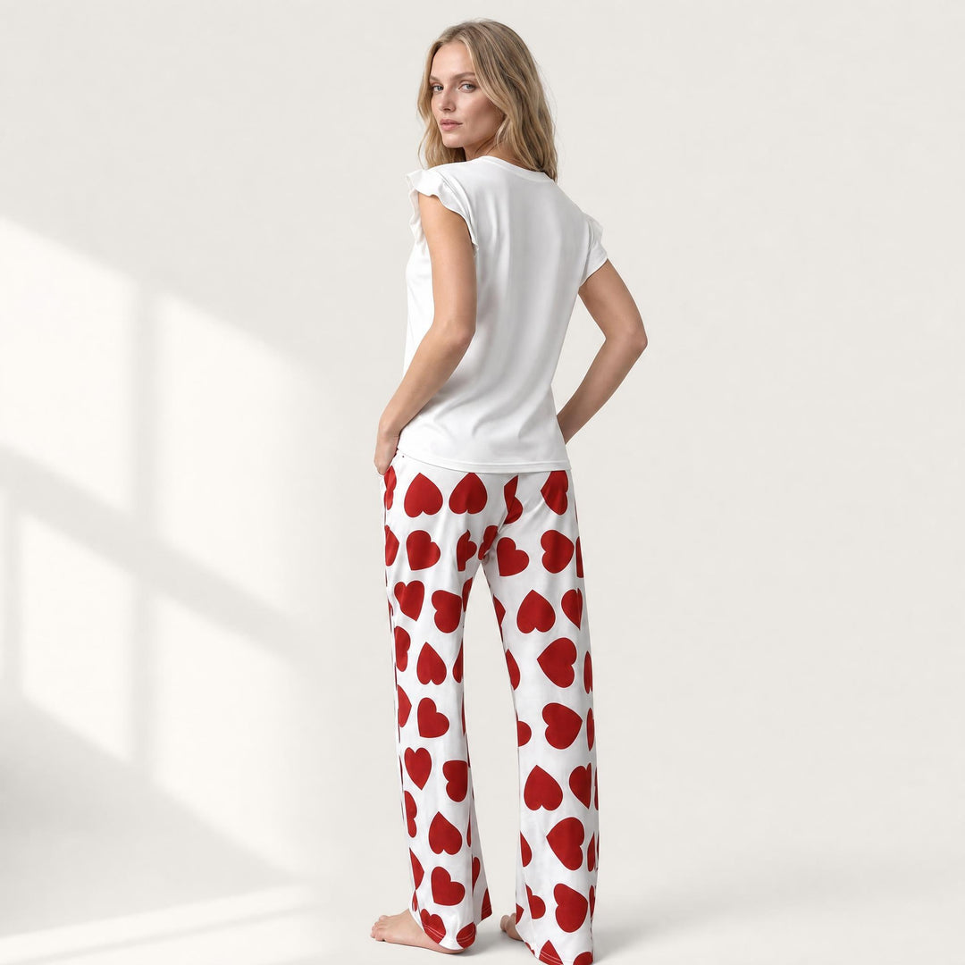 Heart Print Pajama Set - Ruffle Sleeve