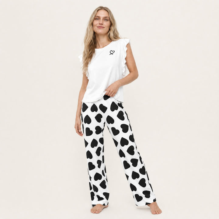 Heart Print Pajama Set - Ruffle Sleeve
