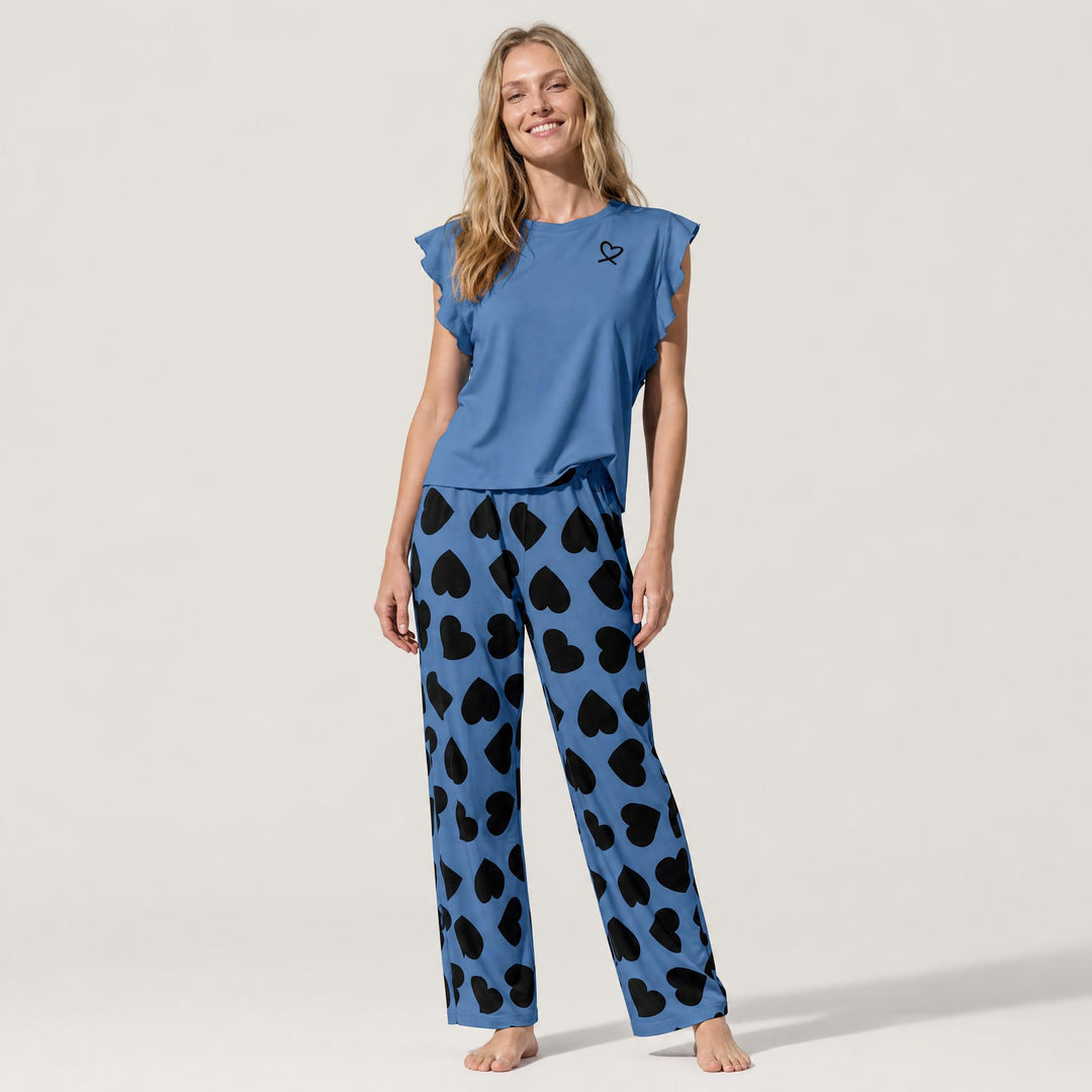 Heart Print Pajama Set - Ruffle Sleeve