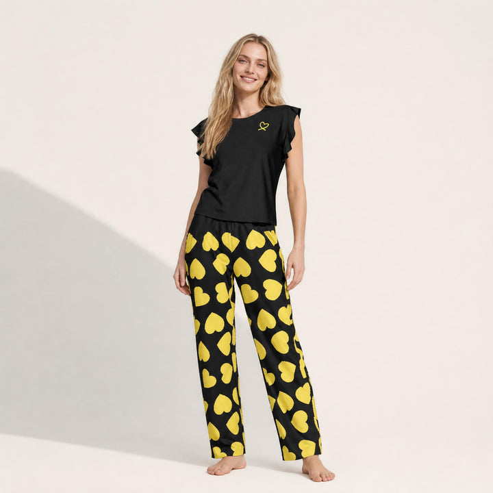 Heart Print Pajama Set - Ruffle Sleeve