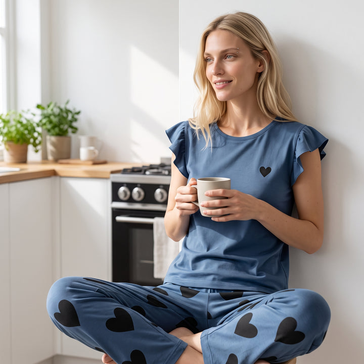 Heart Print Pajama Set - Ruffle Sleeve