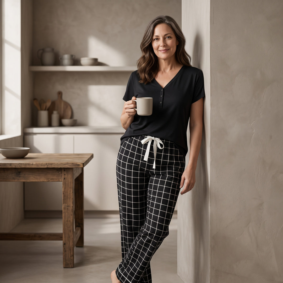 Plus-Size Henley Pajama Set - Check Pant