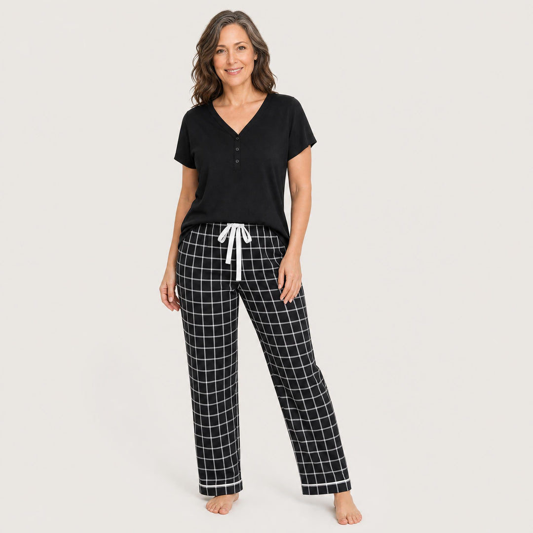 Plus-Size Henley Pajama Set - Check Pant