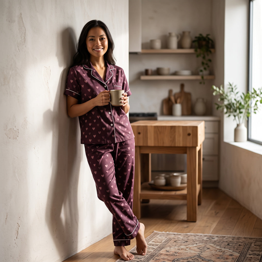 Satin Heart Pajama Set - Short Sleeve