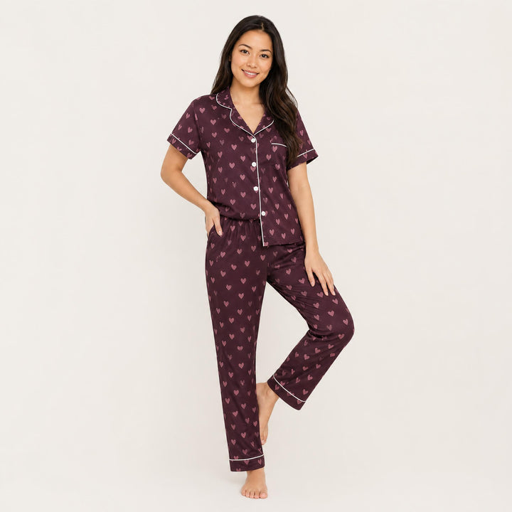 Satin Heart Pajama Set - Short Sleeve