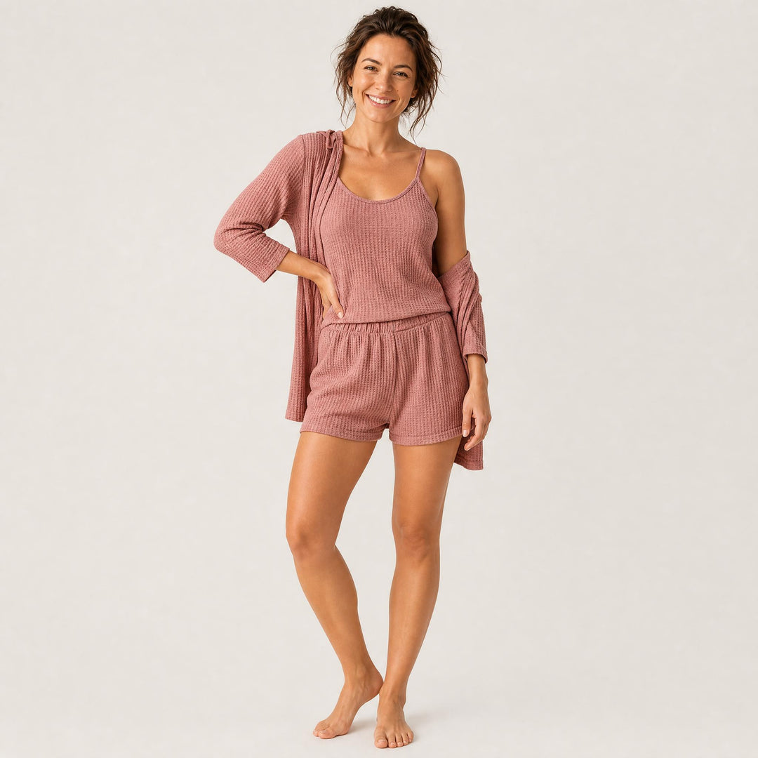 Waffle Lounge Set - Cami, Shorts &amp; Cardigan