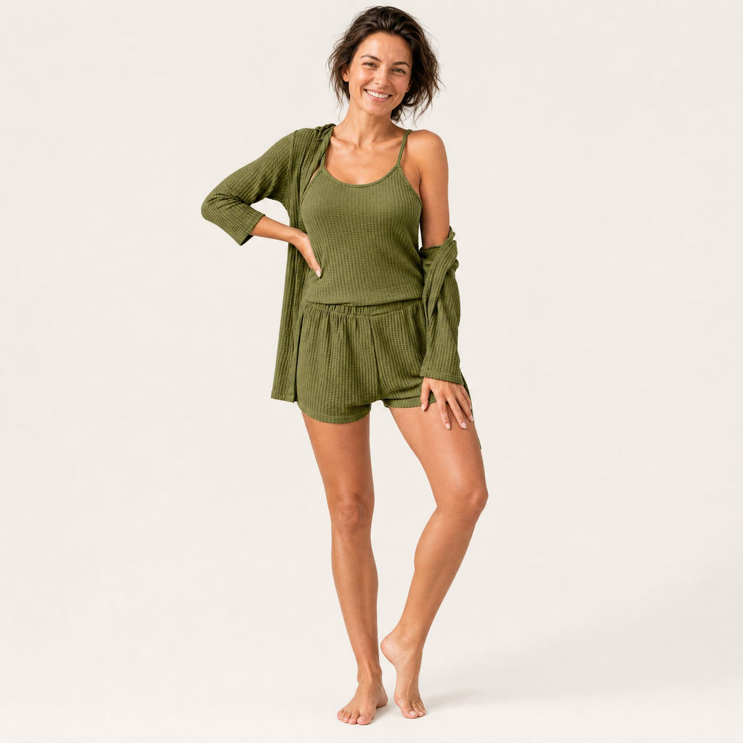 Waffle Lounge Set - Cami, Shorts &amp; Cardigan