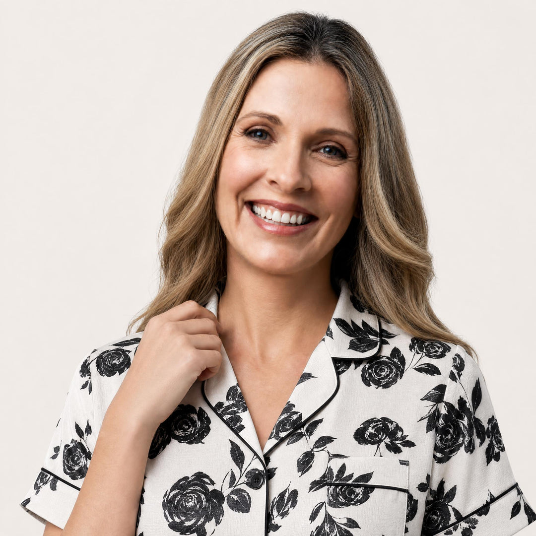Rose Print Pajama Set - Short Sleeve