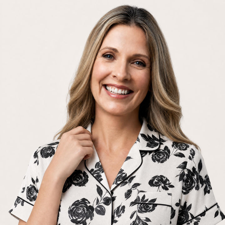 Rose Print Pajama Set - Short Sleeve