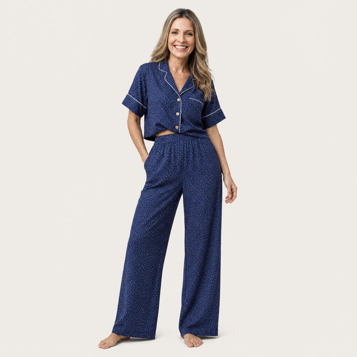 Satin Polka Dot Pajama Set - Wide Leg