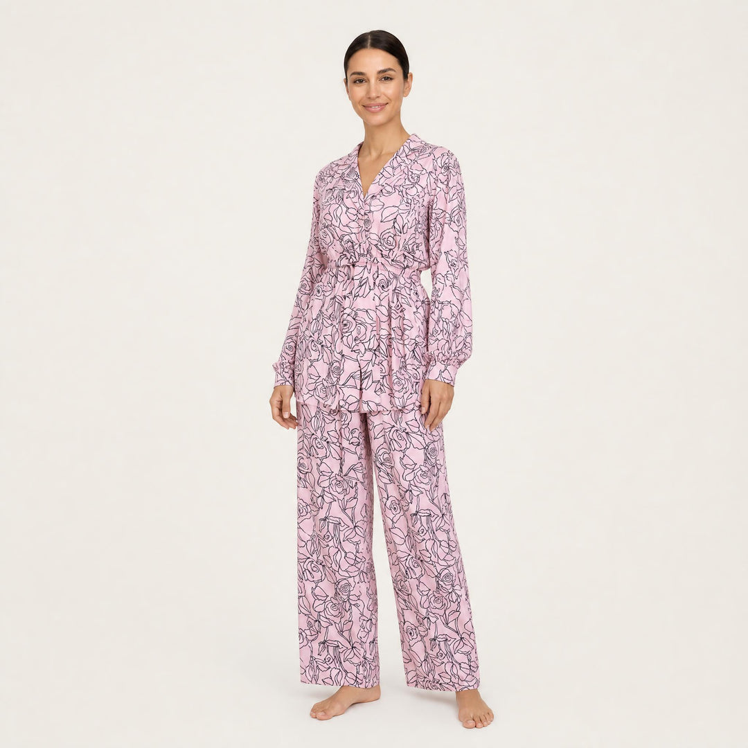 Satin Floral Pajama Set - Long Sleeve
