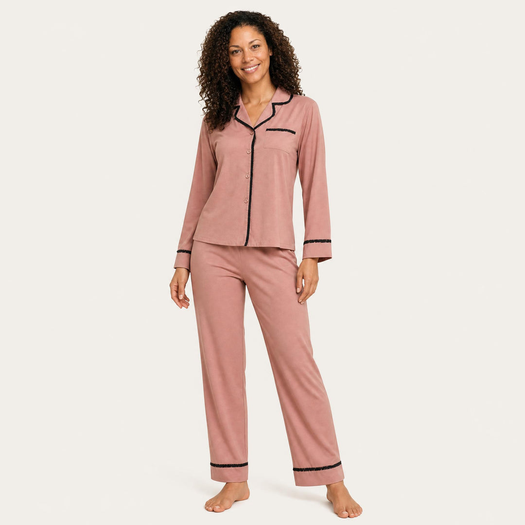 Satin Piped Pajama Set - Dusty Rose