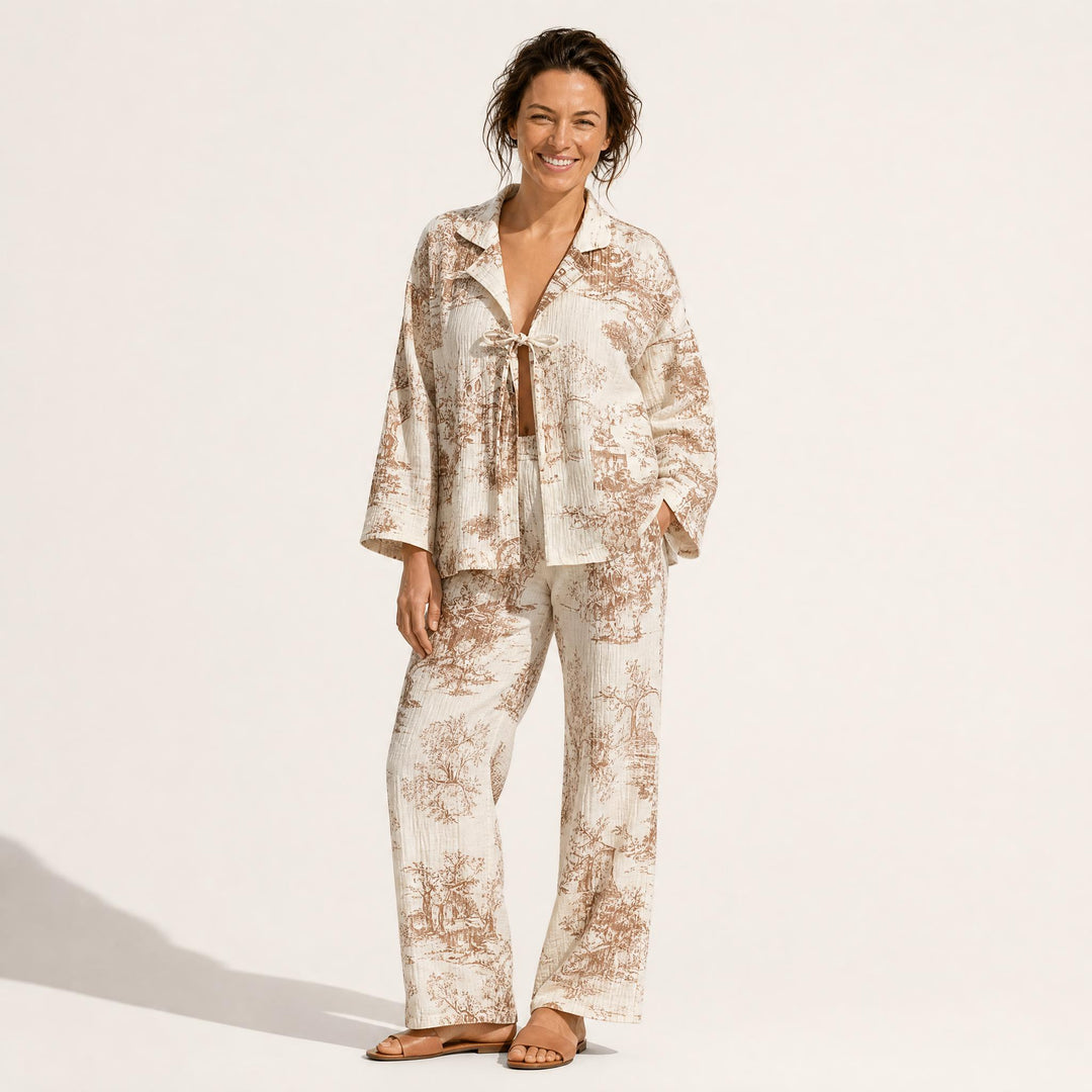 Toile Print Cotton Pajama Set - Front Tie