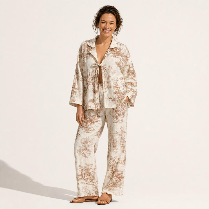 Toile Print Cotton Pajama Set - Front Tie
