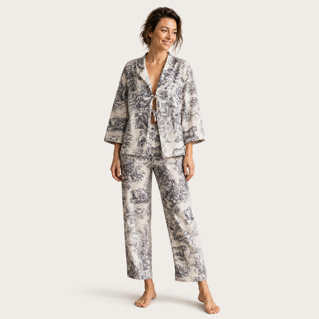 Toile Print Cotton Pajama Set - Front Tie