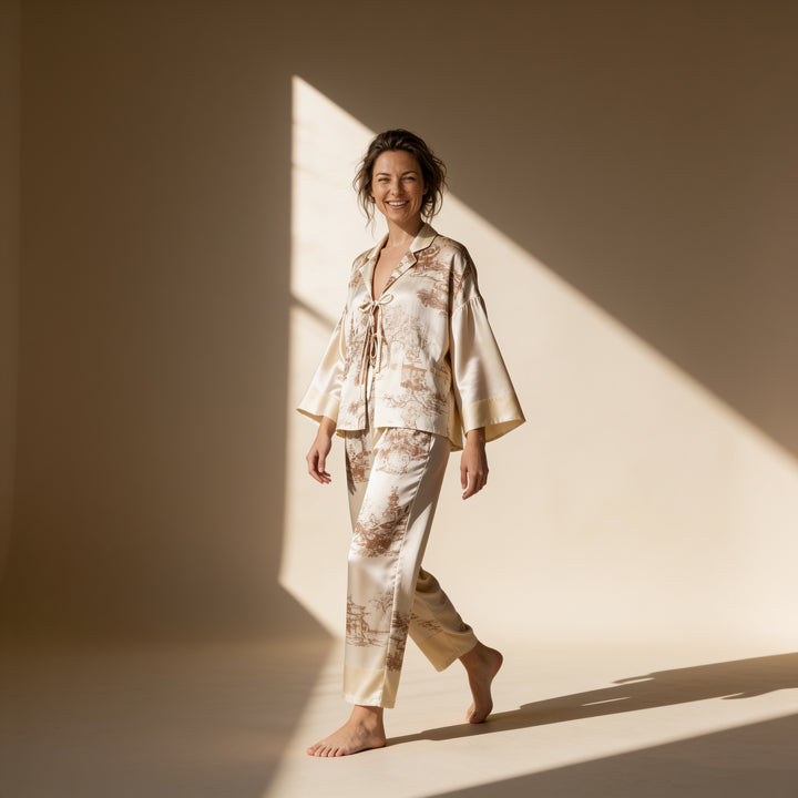 Toile Print Cotton Pajama Set - Front Tie