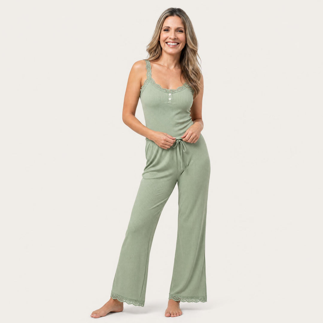 Ribbed Cami Pajama Set - Lace Trim