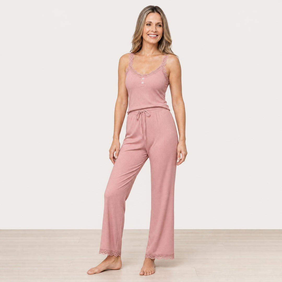 Ribbed Cami Pajama Set - Lace Trim