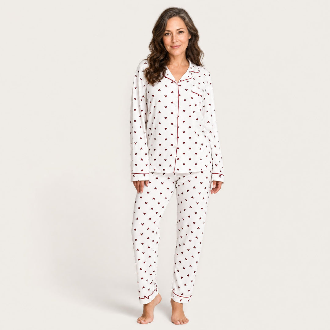 Heart Print Pajama Set - Piped, Long Sleeve