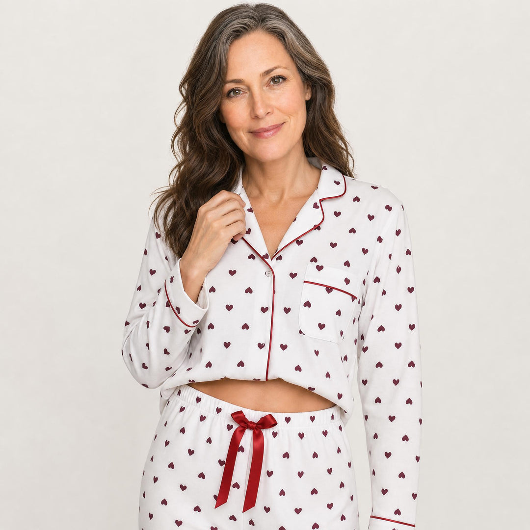 Heart Print Pajama Set - Piped, Long Sleeve