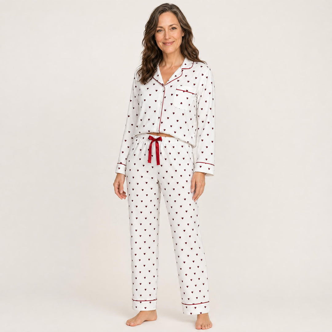 Heart Print Pajama Set - Piped, Long Sleeve