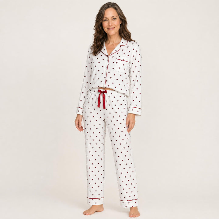 Heart Print Pajama Set - Piped, Long Sleeve