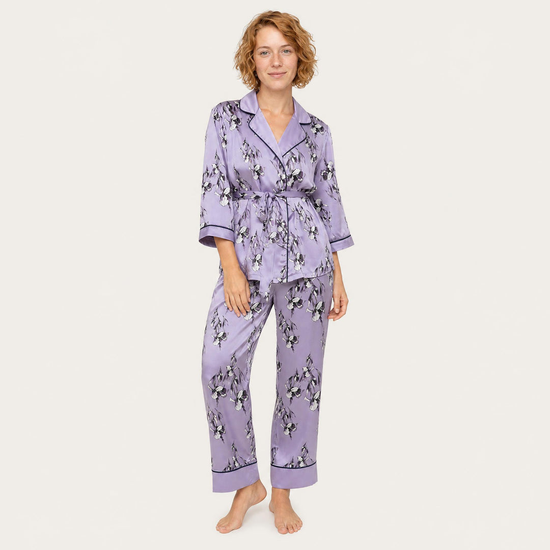 Satin Floral Pajama Set - Piped