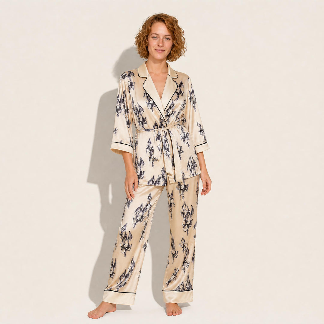 Satin Floral Pajama Set - Piped