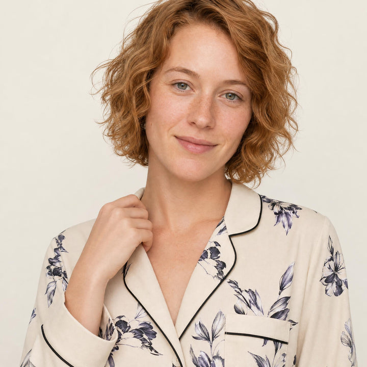 Satin Floral Pajama Set - Piped