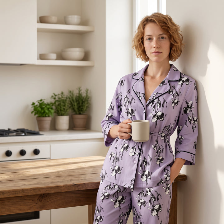 Satin Floral Pajama Set - Piped