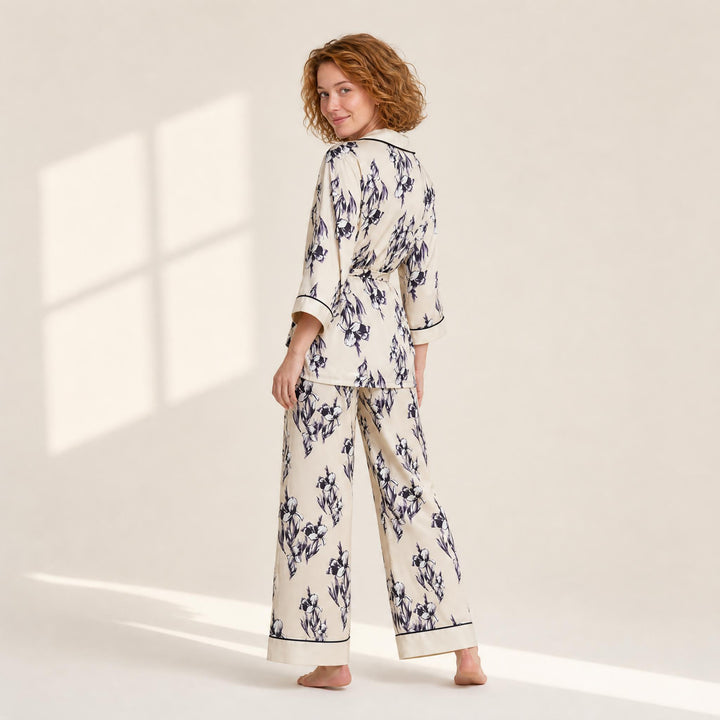 Satin Floral Pajama Set - Piped