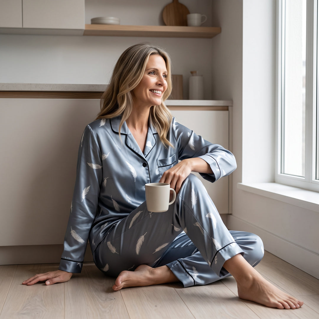Satin Feather Print Pajama Set - Piped