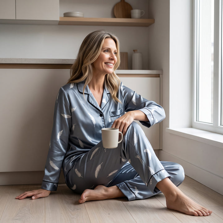 Satin Feather Print Pajama Set - Piped
