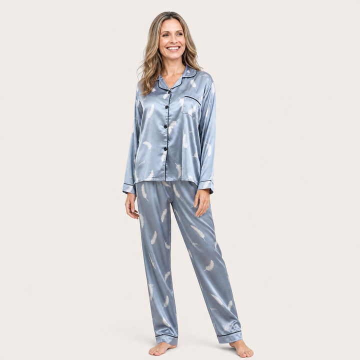 Satin Feather Print Pajama Set - Piped