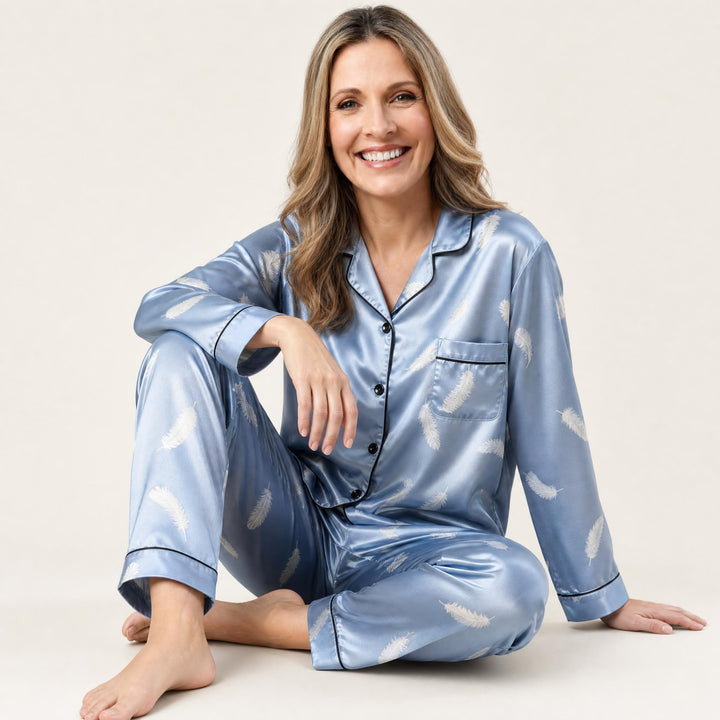 Satin Feather Print Pajama Set - Piped