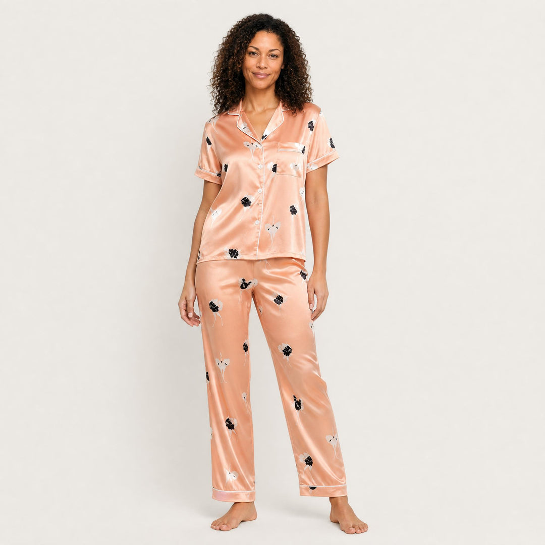 Satin Print Pajama Set - Short Sleeve