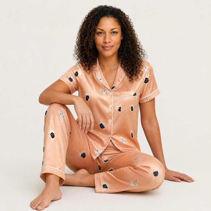Satin Print Pajama Set - Short Sleeve