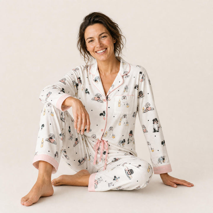 Dog Print Cotton Pajama Set - Long Sleeve