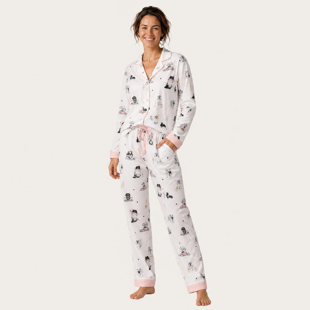 Dog Print Cotton Pajama Set - Long Sleeve