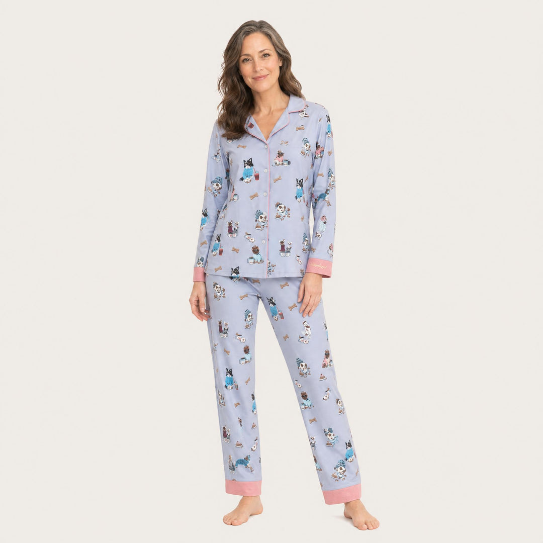 Dog Print Pajama Set - Contrast Cuff